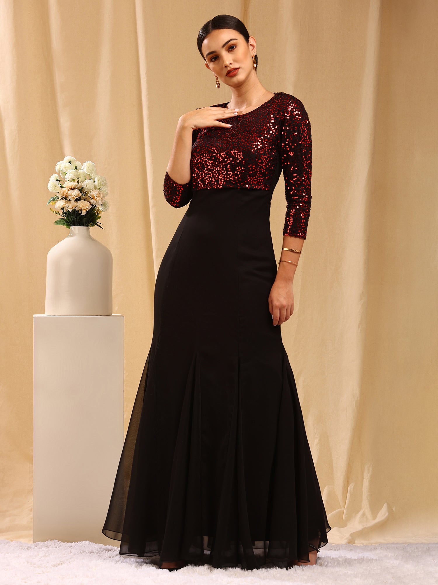 Black Embellished Gown with 3/4 Sleeves – Trendy Divva