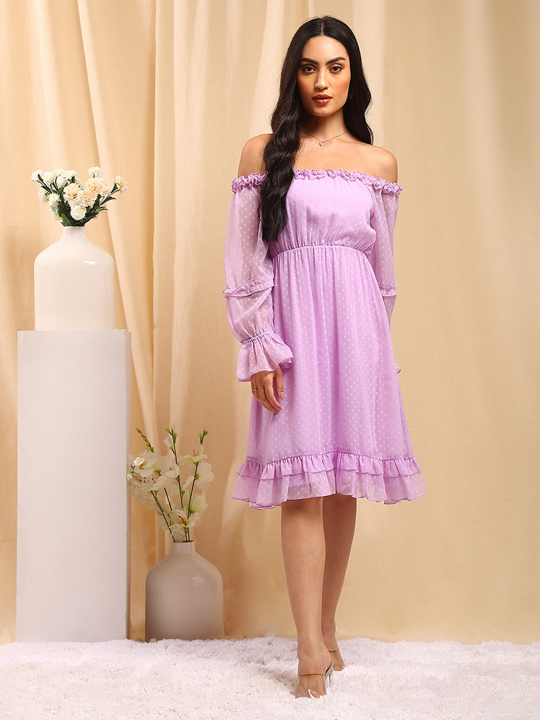 Lilac Tulle A Line V Neck Lace Appliques Prom Dresses PL469 | Promnova